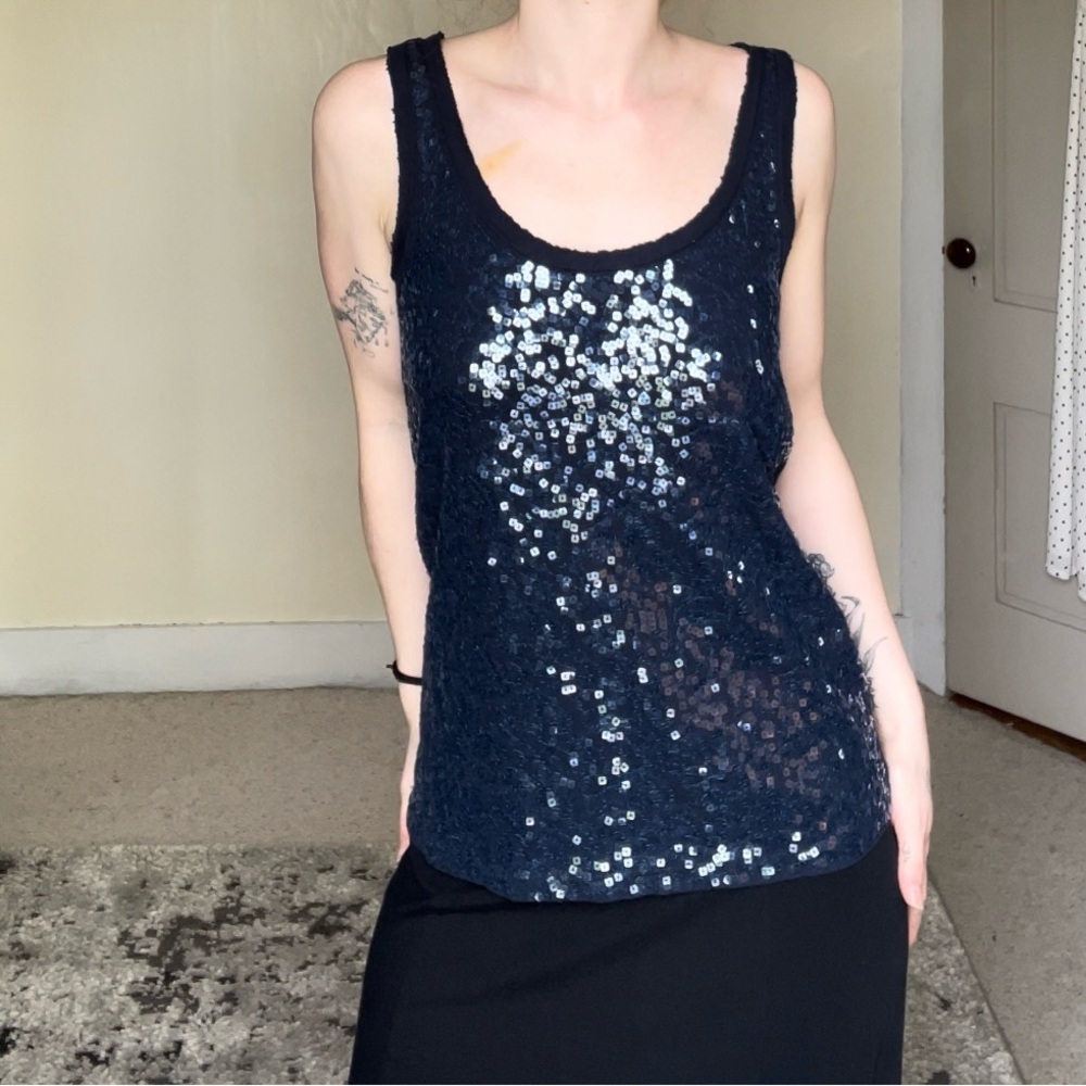 J. Crew Blue Sequin Sparkle Sleeveless Tank Top Raw Hem 100% Cotton Comfy Fun - Picture 3 of 12